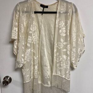 Energie elegant kimono coverup.  Ivory burnt velvet rose pattern and fringe.